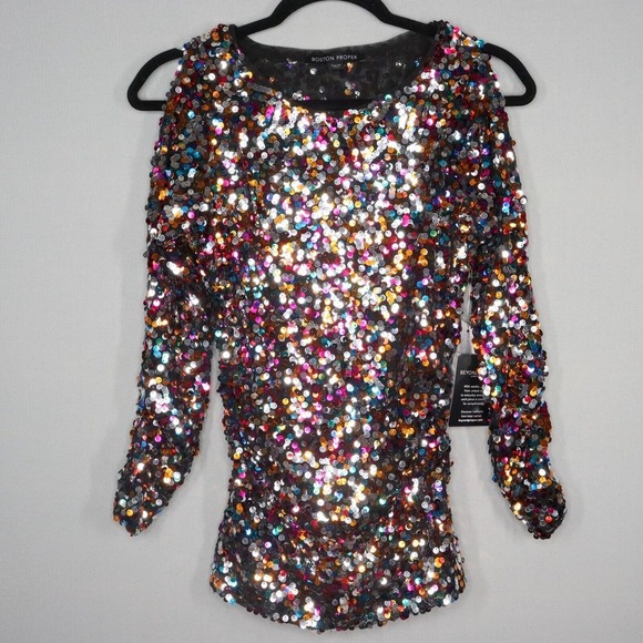 Boston Proper Womens Sz XS Long Sleeve Top Multi-Color Sequin Cold Shoulder NWT - Picture 1 of 6
